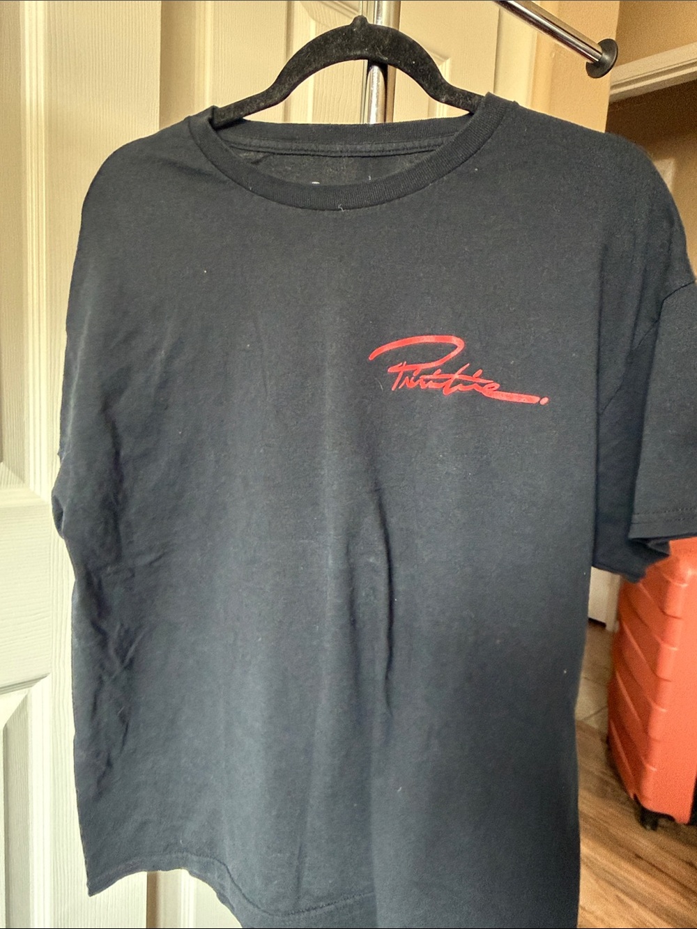 Black Men's Crewneck T-Shirt with Red Script Logo